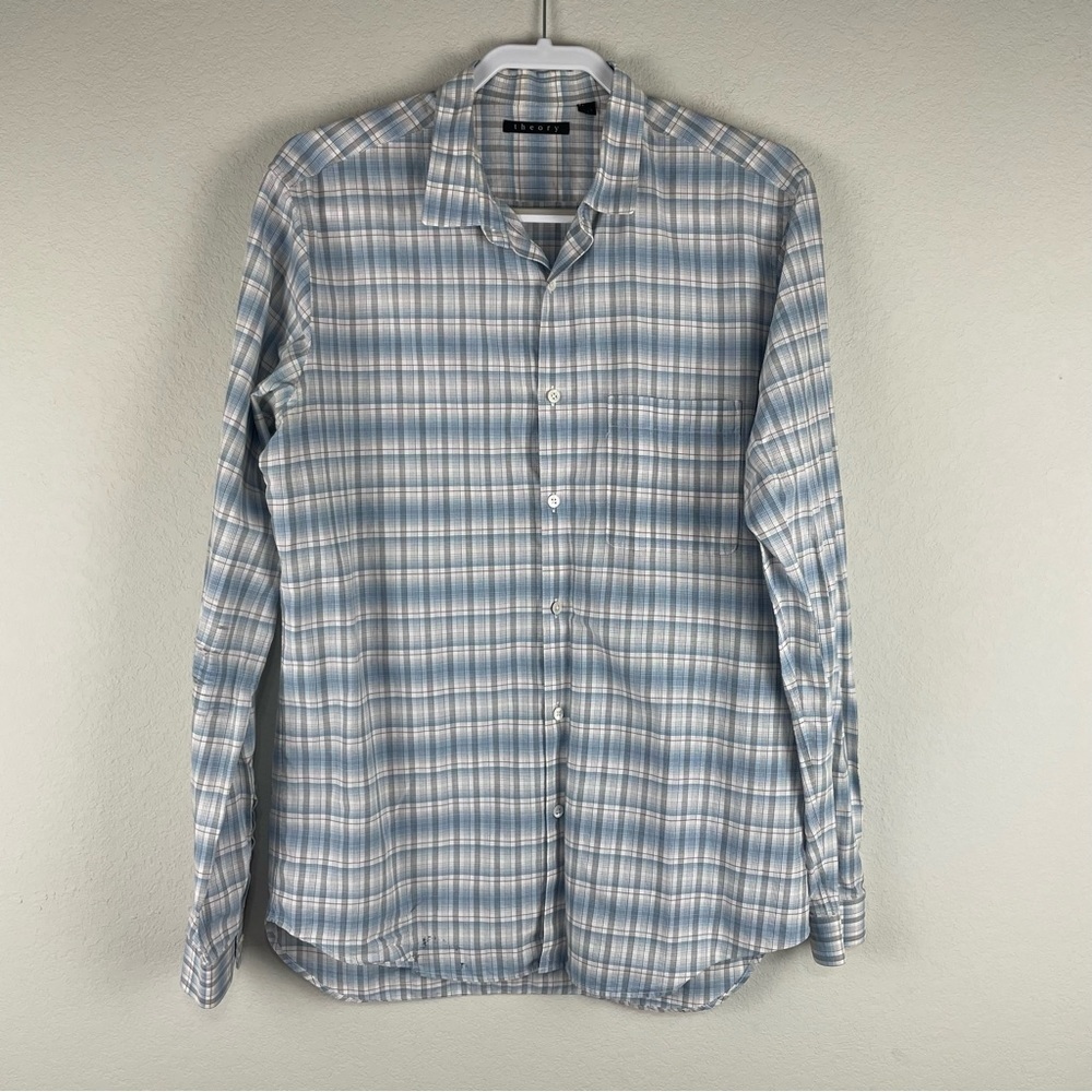 Theory Mens Blue White Malabar Roderyk Long Sleeve Button Up Shirt Size Large